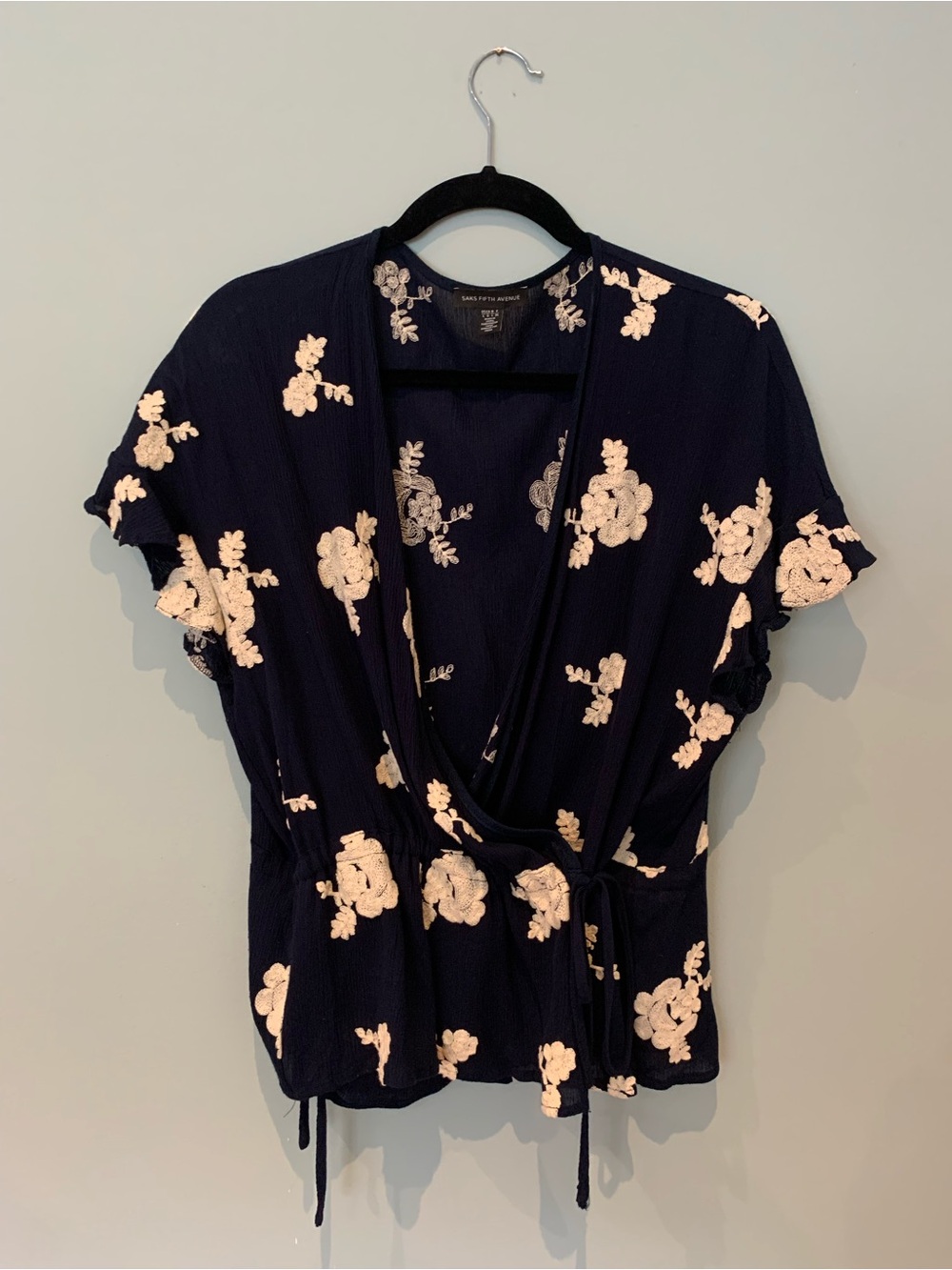 Saks Fifth Avenue Navy Wrap Blouse with Cream Floral Embroidery
